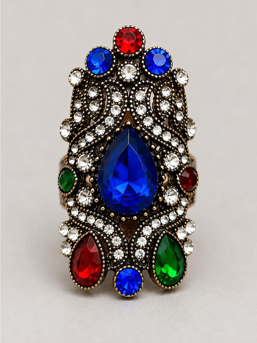Vintage-Inspired Multicolor Teardrop Statement Ring — Blue, Red & Green